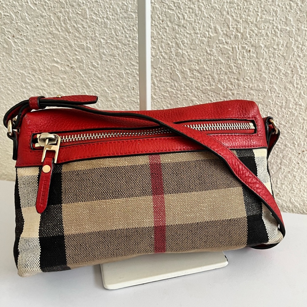 Burberry Red Leather Trim Plaid Crossbody Bag - Picture 1 of 12